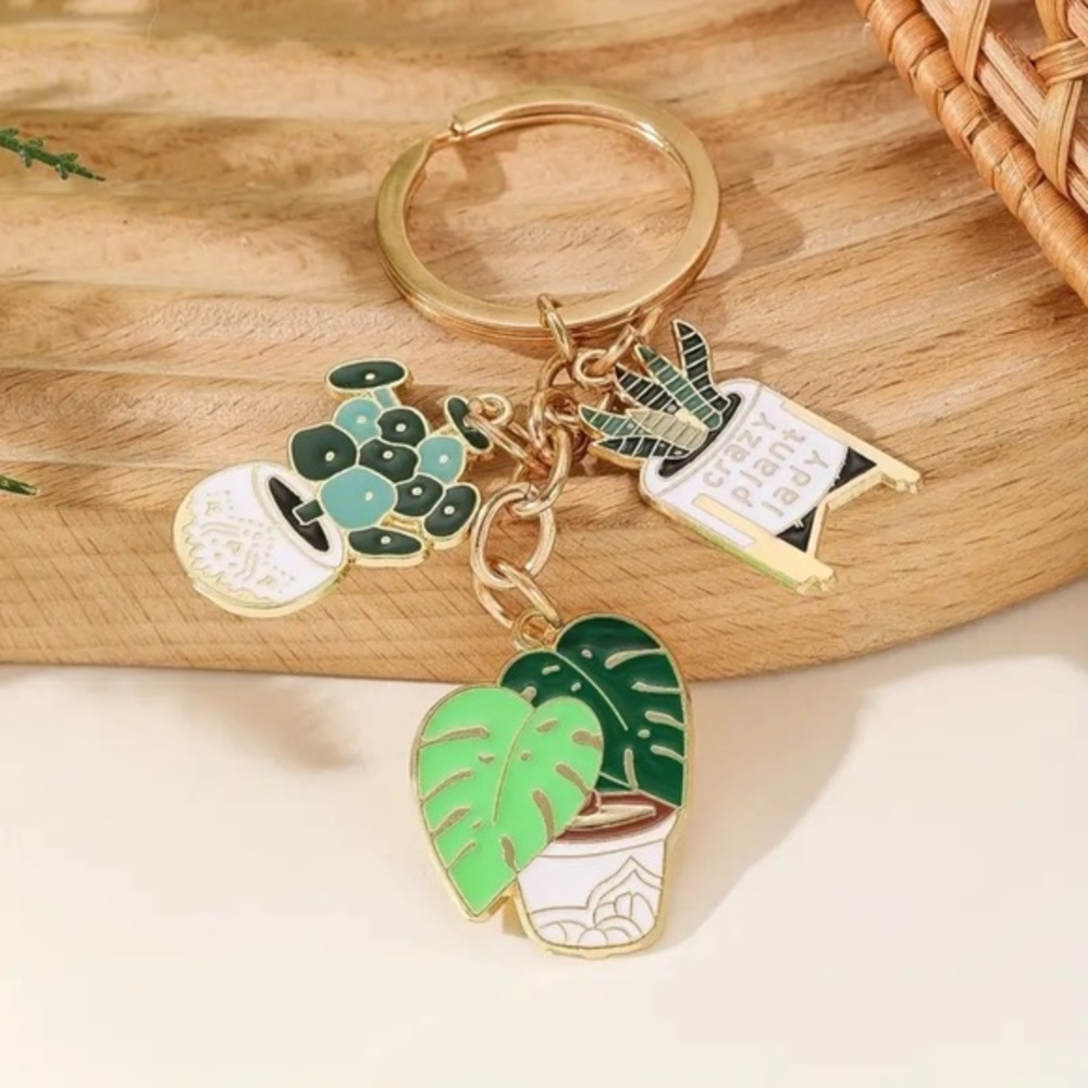 Cute Plant Lover Keychain “Crazy Plant Lady” Charm Ring Cactus & Succulent Gifts